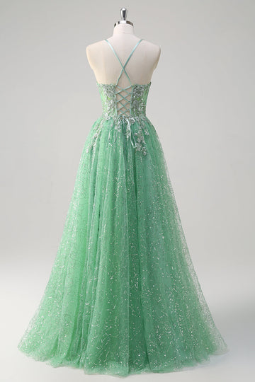 scintillant vert clair une ligne spaghetti bretelles corset tulle robe de bal avec fente